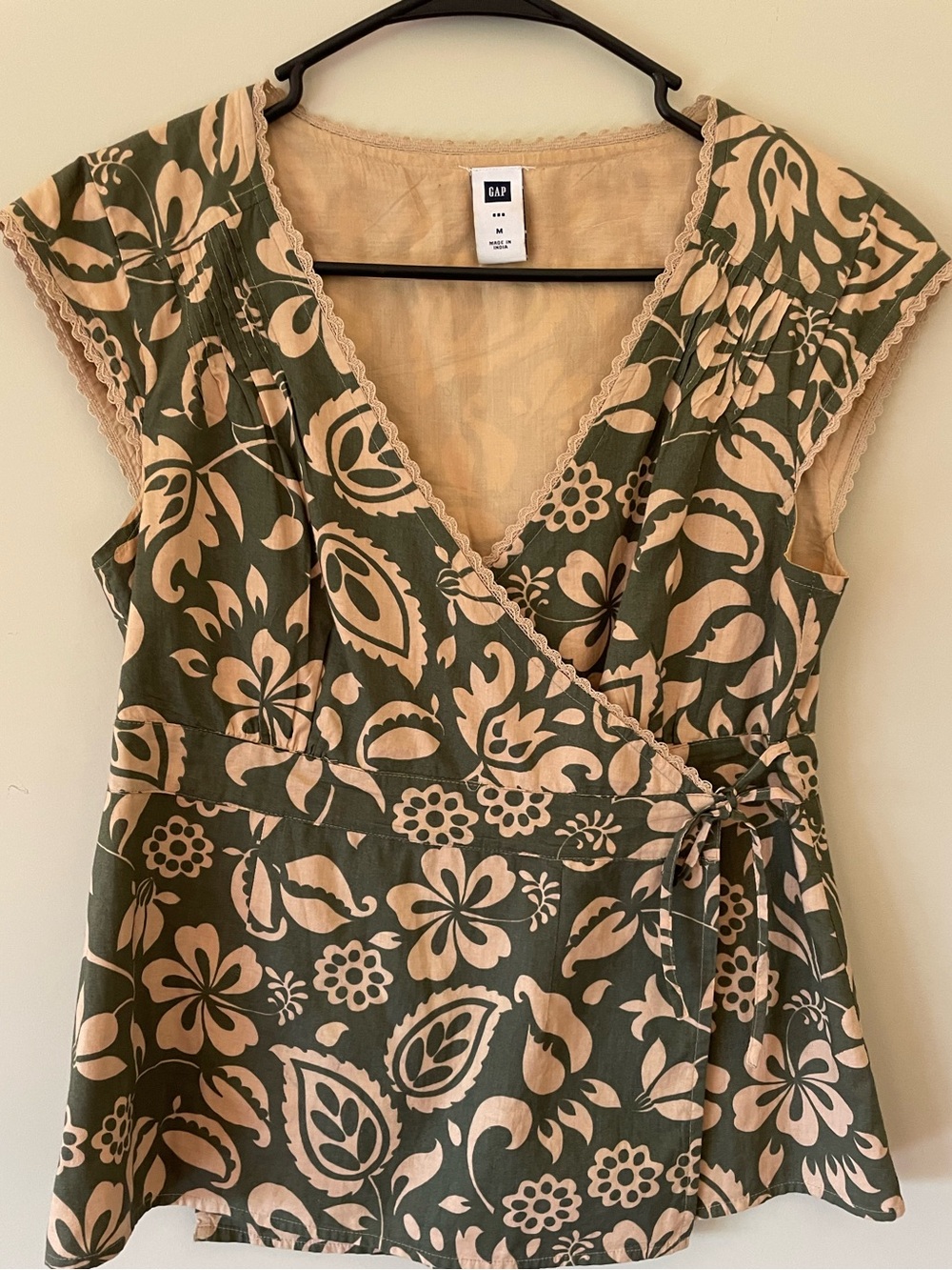 GAP Olive Green and Beige Floral Wrap Top